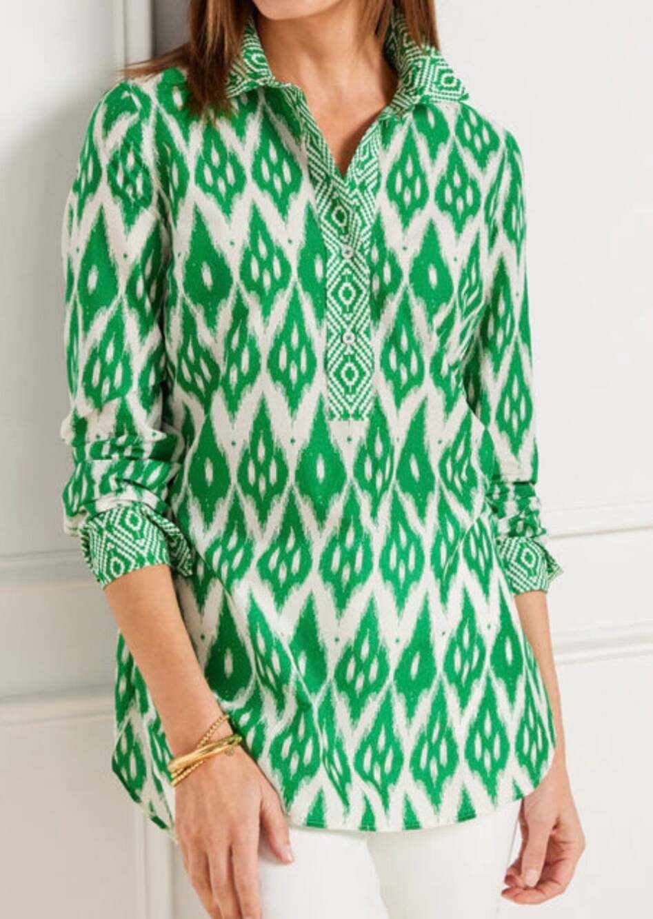Talbots green & white top small petite NWT 100% Cotton Leafy Ikat border tunic